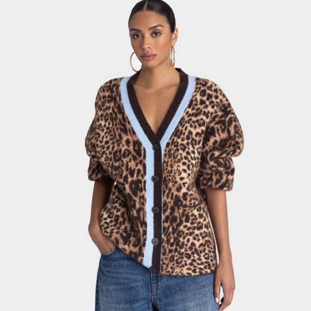 Leopard Print Cardigan with Blue Trim